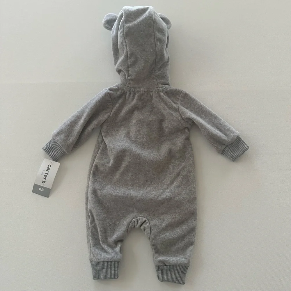 Carter’s Newborn Baby Polar Bear Fleece Romper Jumpsuit Gray Sherpa Lined Hood